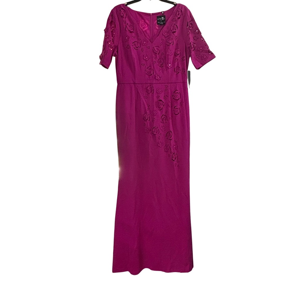 White Tie by Shani Fuchsia Laser Cut Floral Sequin V-Neck Gown Dress Size 12 NEW
